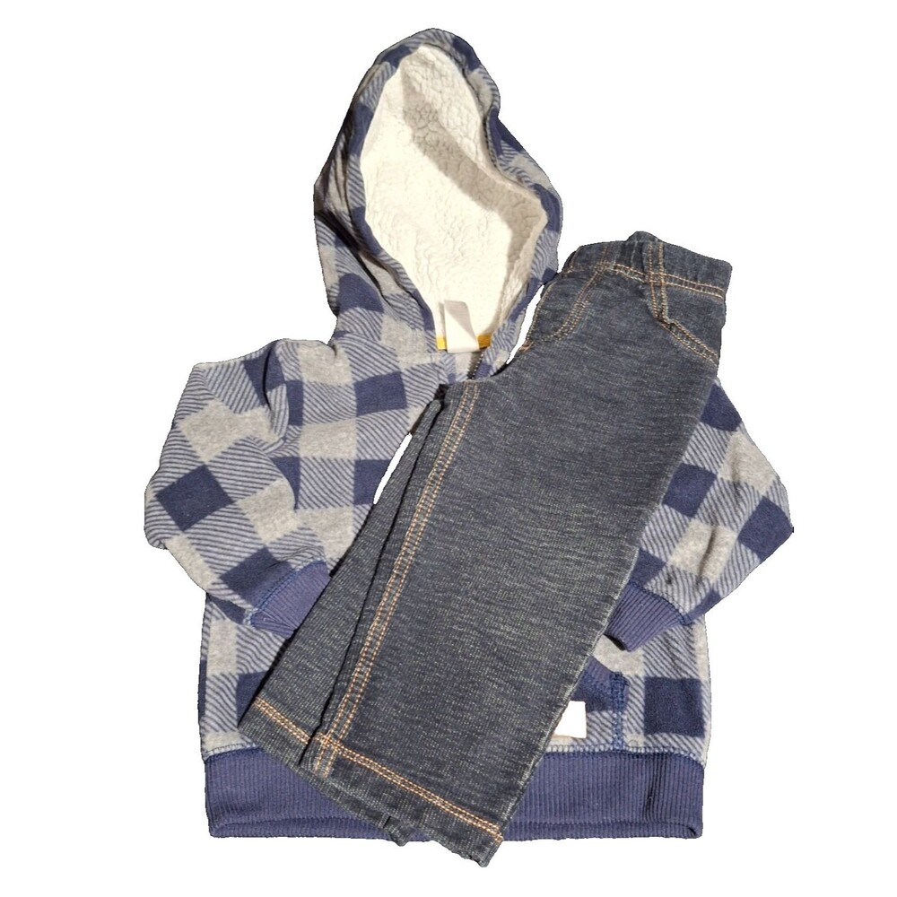 Carter's Boys 18 Months Blue Grey Plaid Hooded Jacket & Pants 2 Piece Outfit